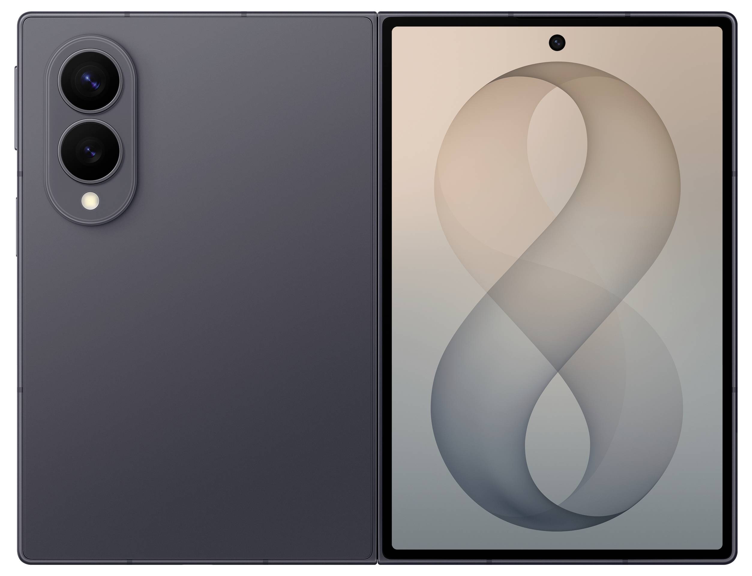 Faltbares Smartphone geöffnet dargestellt, mit großem inneren Display, das eine sanfte abstrakte 