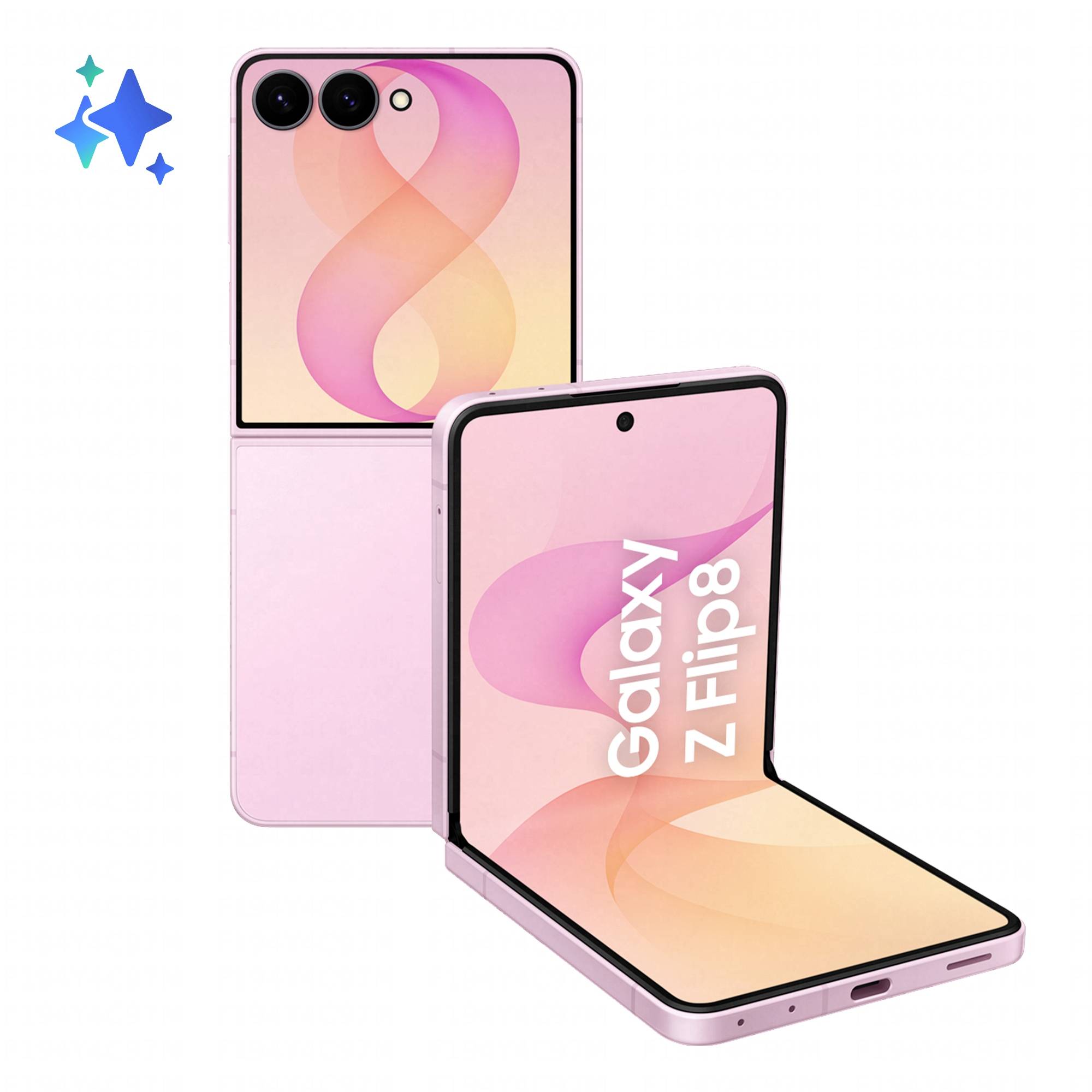 Rosa Samsung Galaxy Z Flip8 Falt-Smartphone geöffnet und geschlossen dargestellt, mit dualen Rückkameras und „Galaxy Z Flip8