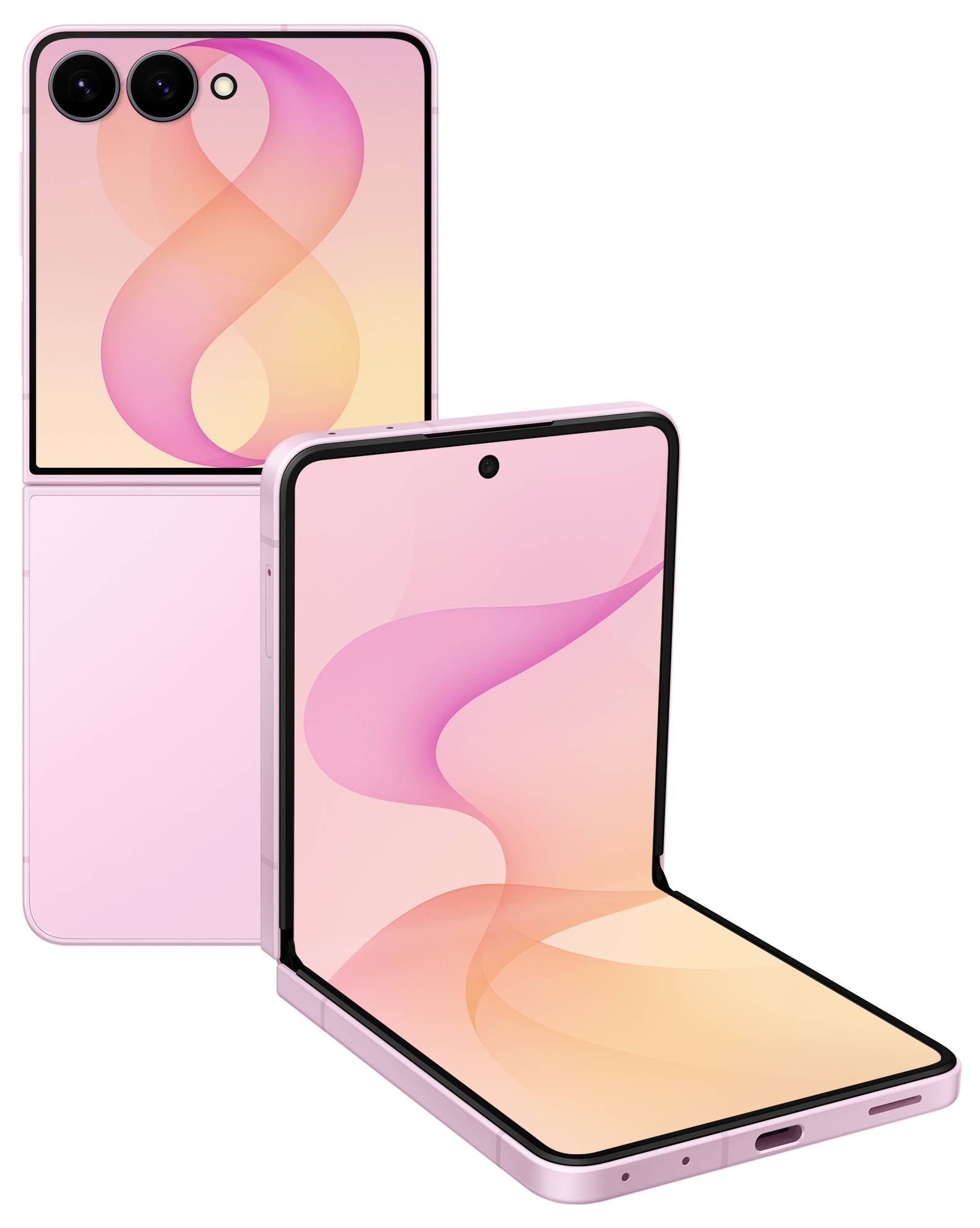 Faltbares rosa Smartphone, offen und geschlossen gezeigt, mit großem innerem Display und dreifacher Rückfahrtkamera auf dem Abdeckungsbildschirm.