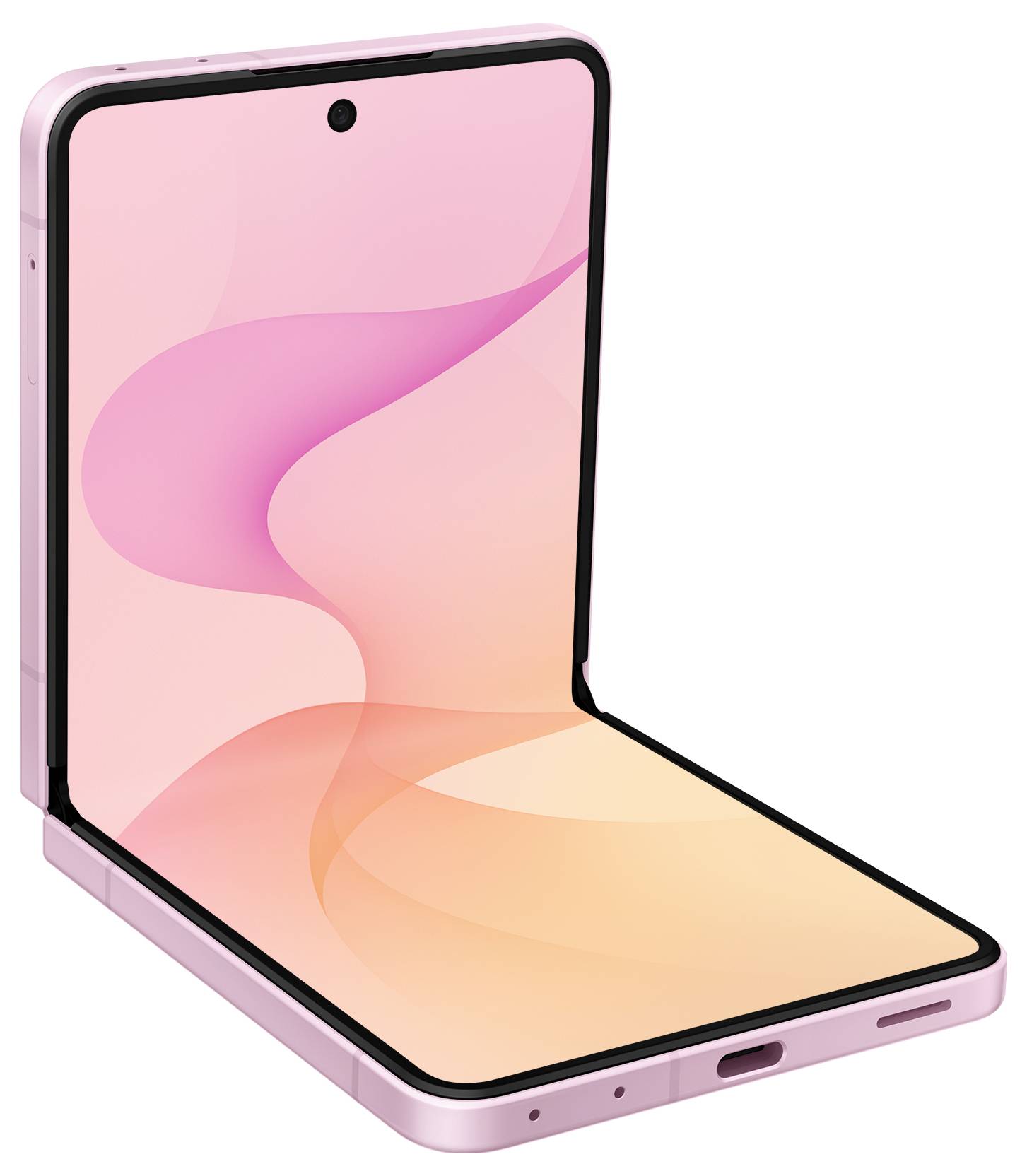 Rosa faltbares Smartphone, offen in einem 90-Grad-Winkel gezeigt, mit einem nahtlosen inneren Bildschirm, auf dem eine rosa und orangefarbene abstrakte Tapete angezeigt wird.