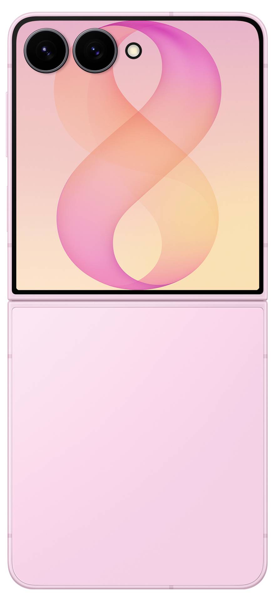 Aufklappbares rosa Smartphone, offen dargestellt, mit Dual-Rückkameras auf der oberen Hälfte und einem großen Displaypanel in Pastellrosa unten.