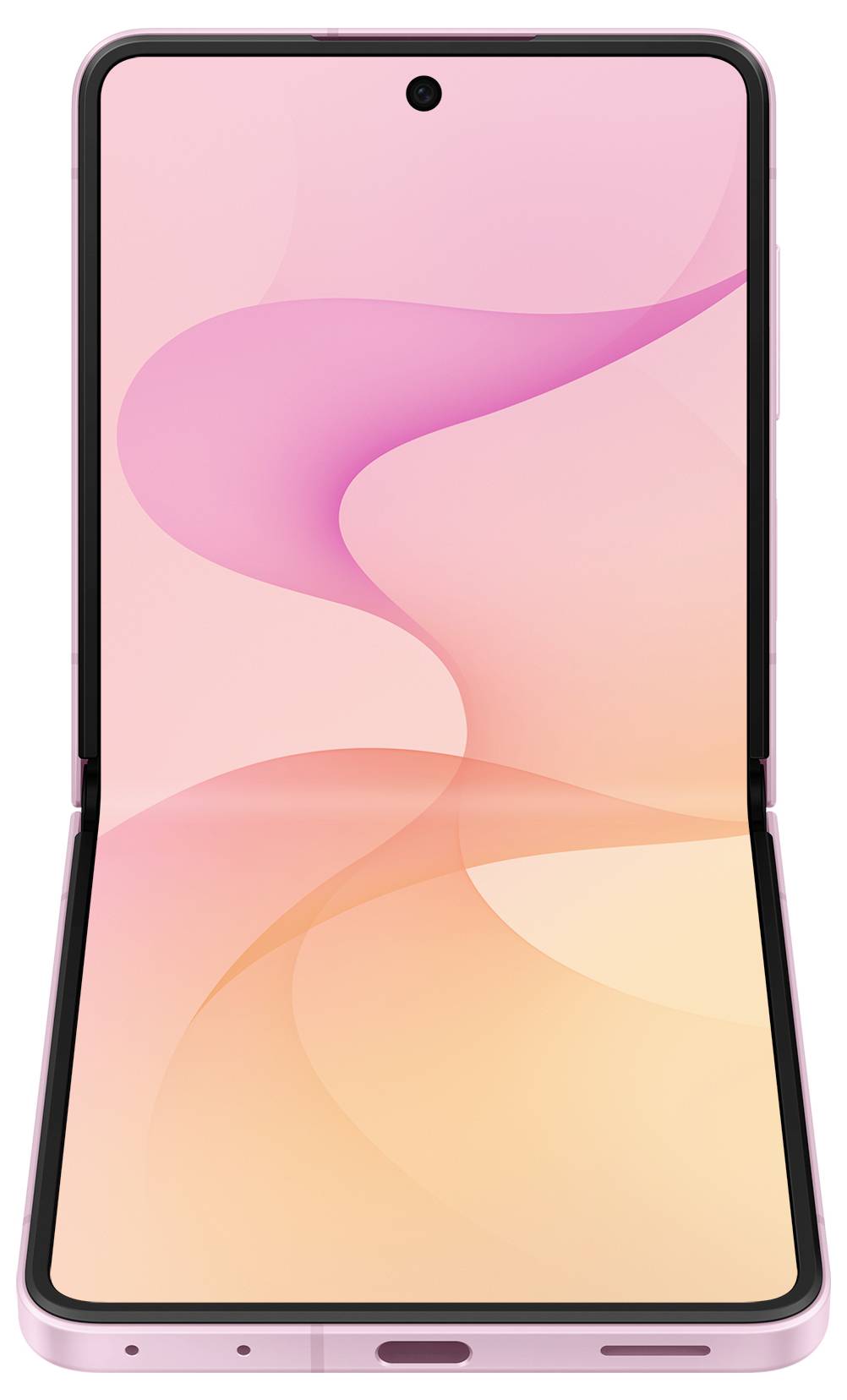 Ein faltbares Smartphone, offen in Hochformat dargestellt, mit einem rosa und orange abstrakten Hintergrund auf dem Display.