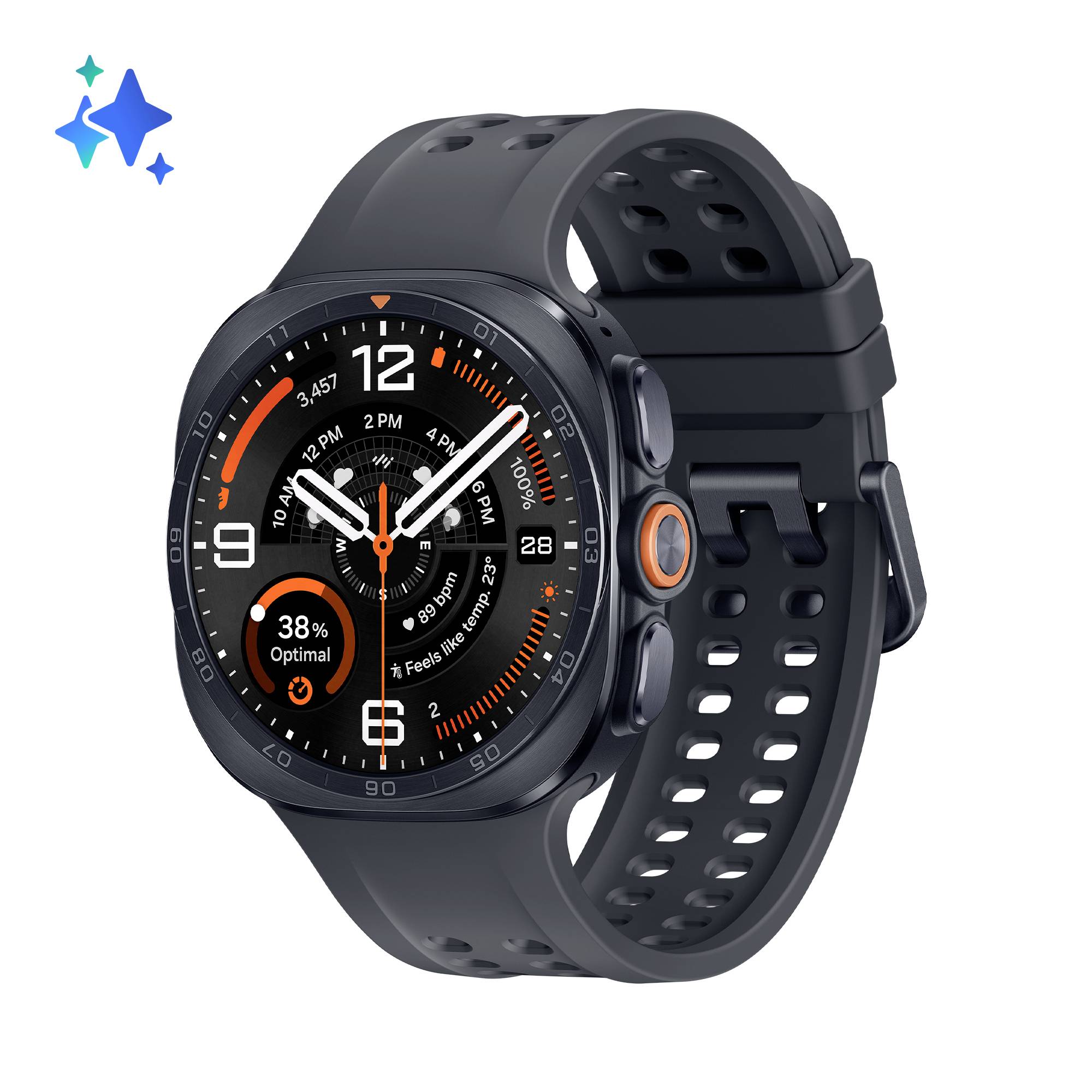 Schwarze runde Smartwatch mit orangefarbenen Akzenten und perforiertem Silikonarmband, auf dem ein analog-digitales Zifferblatt mit 38% Akkuladestand angezeigt wird.