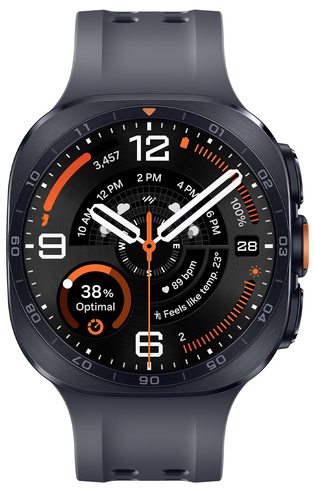 Smartwatch mit rundem schwarzem Display, das ein Fitness-Zifferblatt mit digitaler Uhrzeit, Herzfrequenz, Wetter und Schritt-/Aktivitätsindikatoren anzeigt.