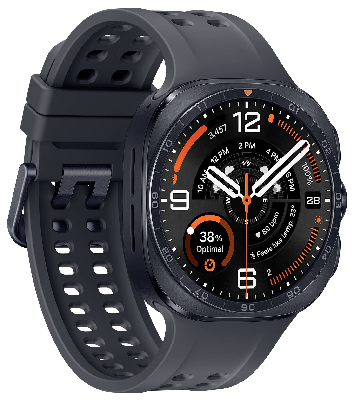 Schwarze Smartwatch mit perforiertem Armband, das ein analog-digitales Zifferblatt anzeigt, Uhrzeit 10:10, Datum 28, Wettersymbole und 38% Batterie-/Fitness-Indikatoren.