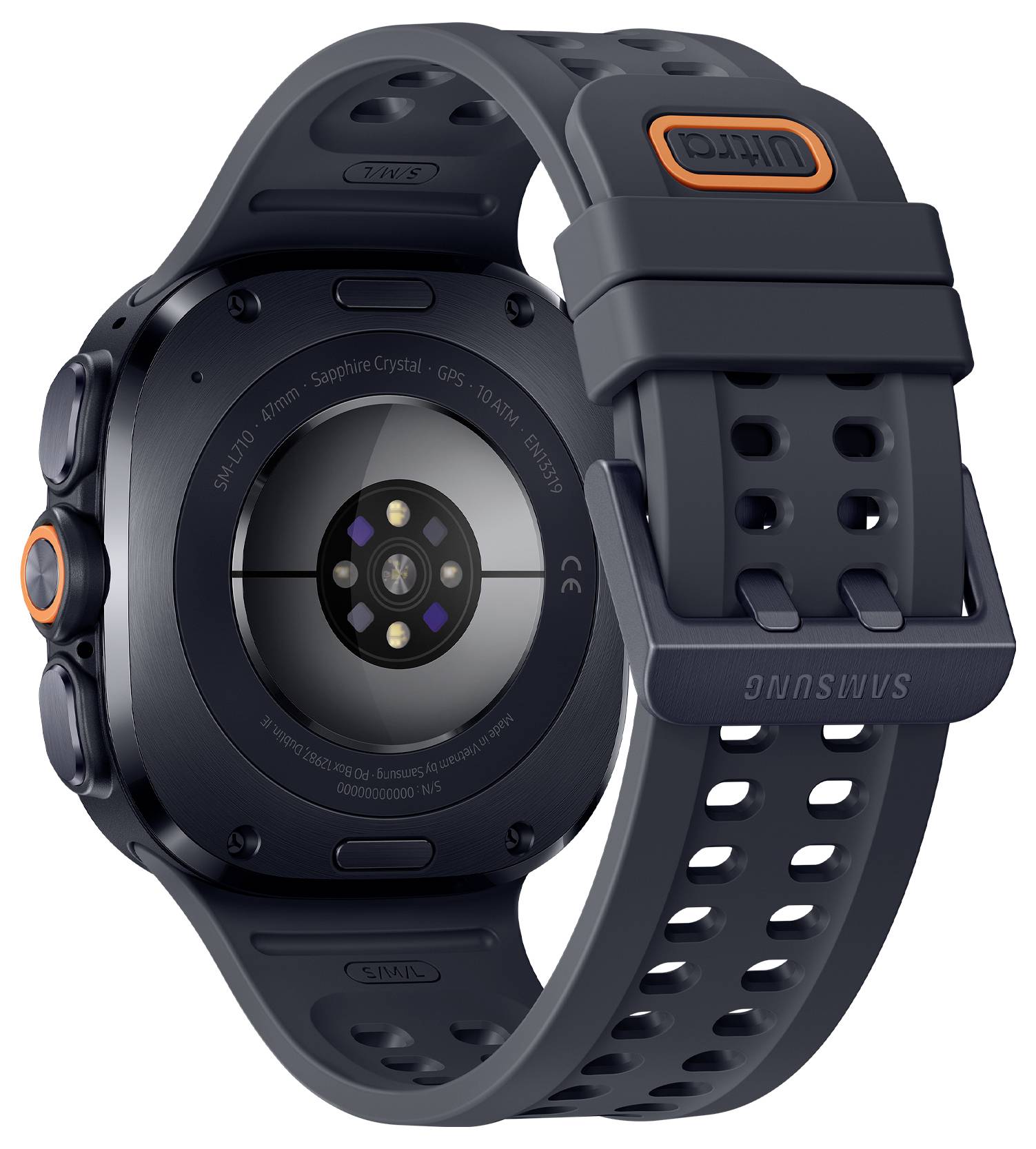 Rückansicht einer schwarzen Samsung-Smartwatch mit orangefarbenen Akzenten, die den Sensorcluster und das perforierte Silikonarmband zeigt.
