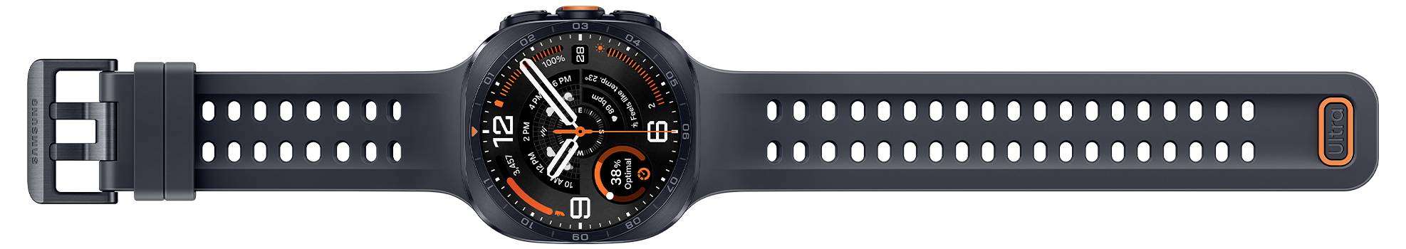 Sportsmartwatch mit schwarzem perforiertem Silikonarmband, rundem Analog-Digital-Zifferblatt und orangefarbenen Akzenten, angezeigt mit ausgestrecktem Armband.