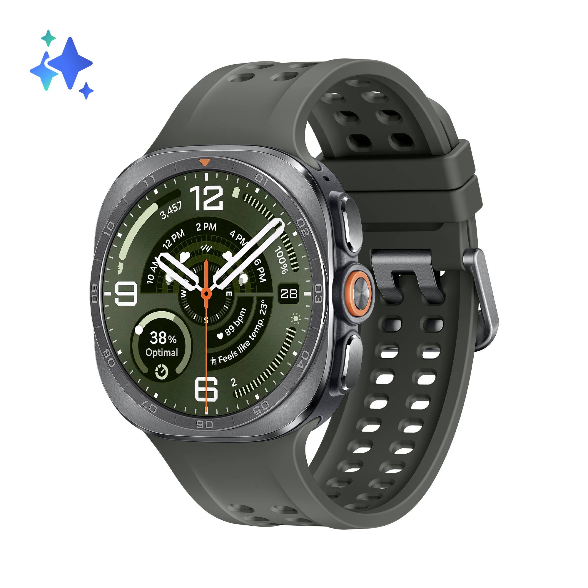 Dunkelgraue Smartwatch mit grünem Analogzifferblatt, orangen Akzenten und perforiertem Sportarmband auf weißem Hintergrund.