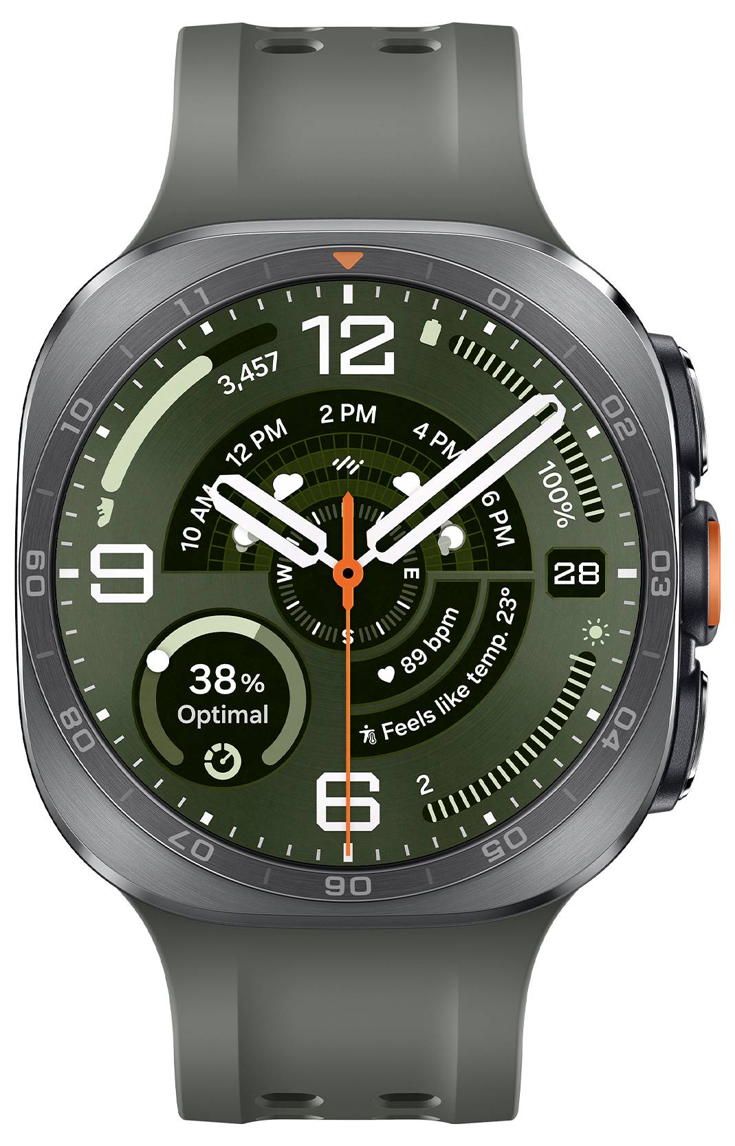 Grünes Smartwatch-Zifferblatt mit analoger Zeitanzeige und digitaler 12 oben, Wetter- und Gesundheits-Widgets, Datum 28, Herzfrequenz 69 Schläge pro Minute und 38% Batterie.