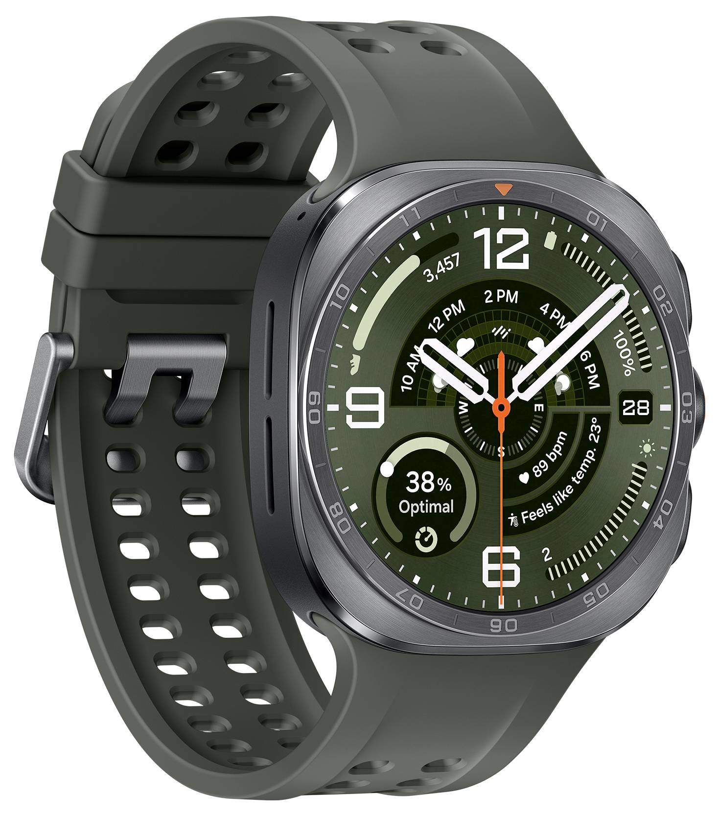 Smartwatch mit dunkelgrünem analog-digitalem Zifferblatt, das die Uhrzeit 12:00 und Fitnessdaten wie 38% optimal, Herzfrequenz, Temperatur und Datum 28 anzeigt.