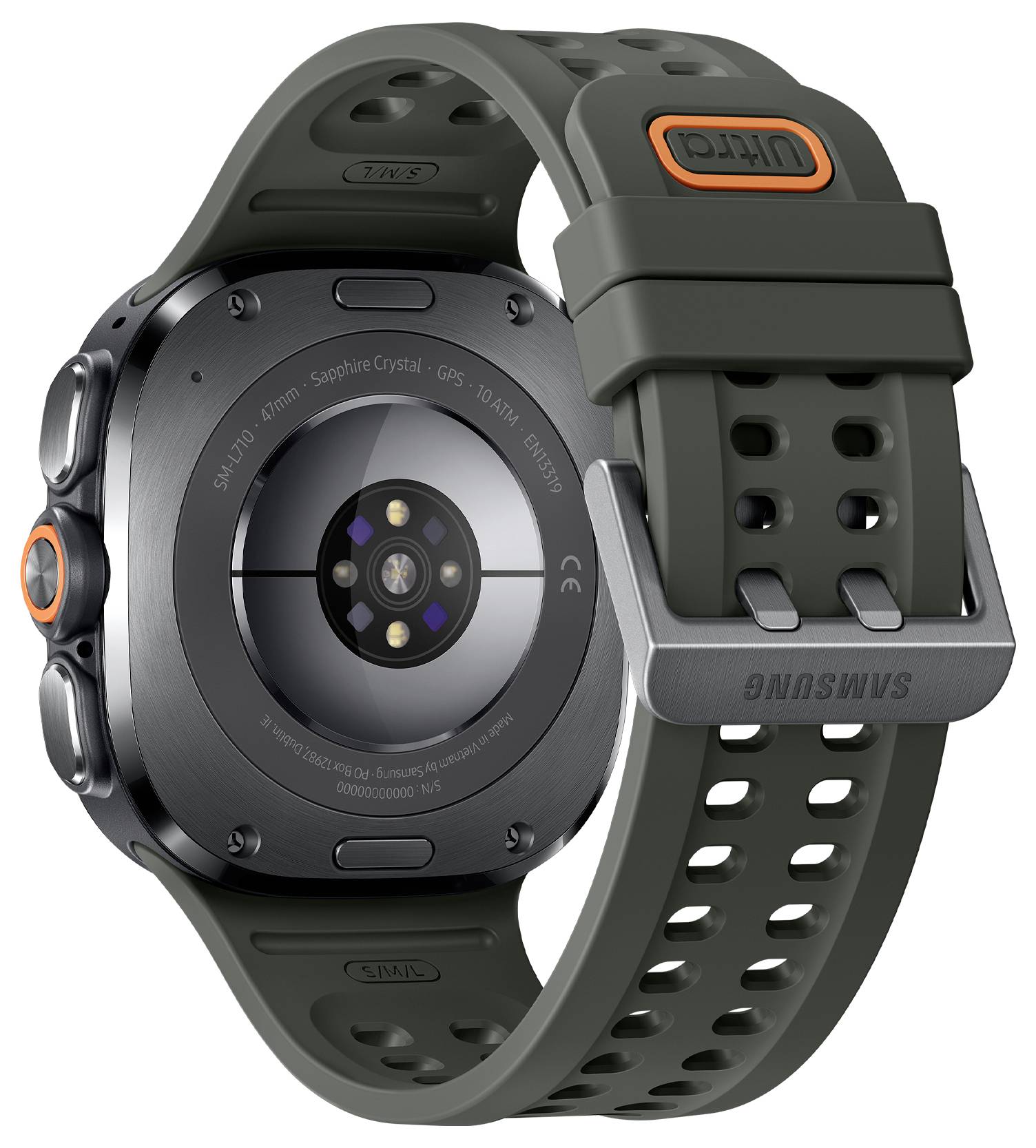 Rückansicht einer Samsung-Smartwatch mit olivgrünem Armband, die die kreisförmigen Sensoren und orangefarbig akzentuierte Tasten zeigt.
