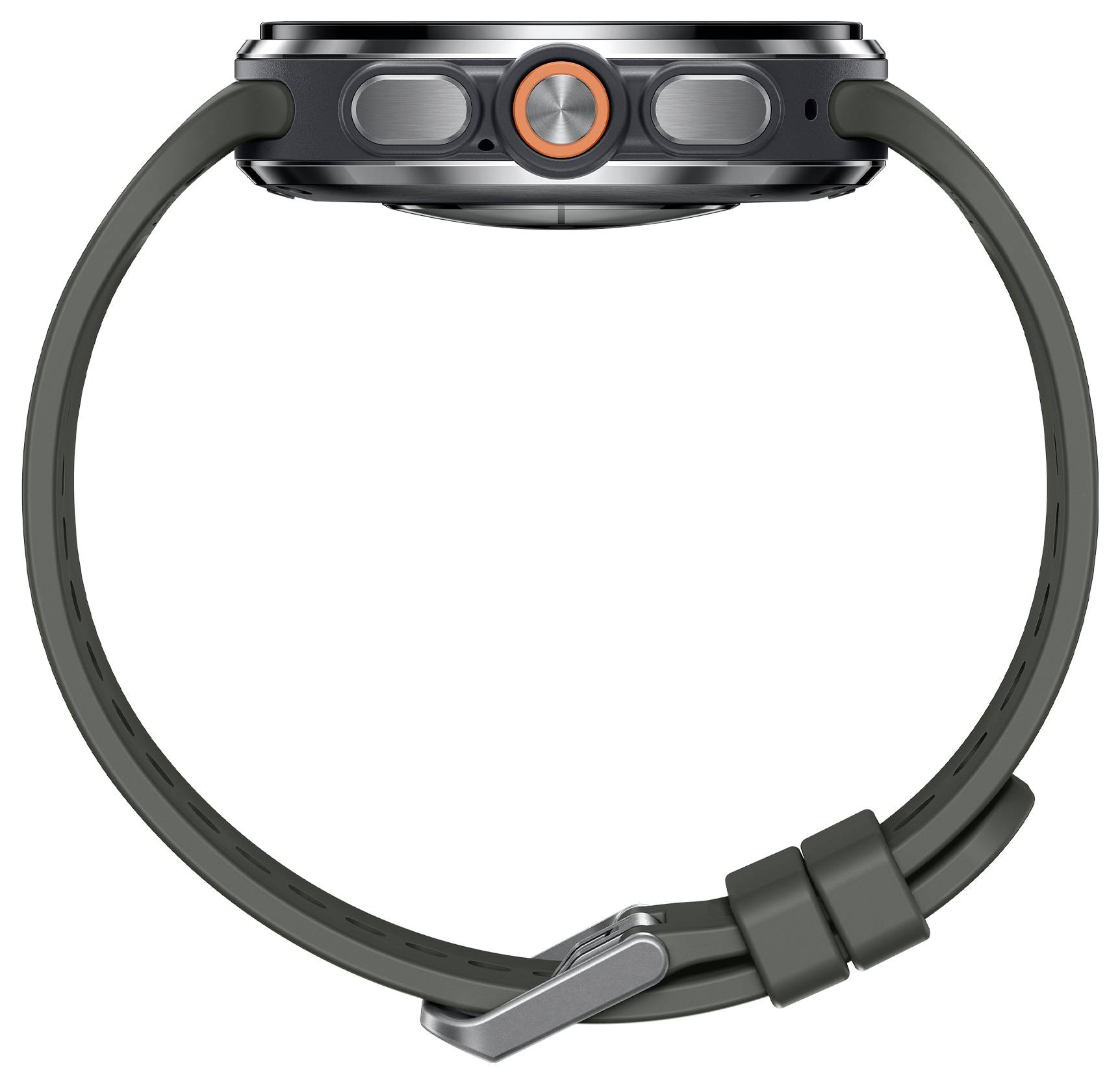Seitenansicht einer robusten schwarzen Smartwatch mit orangefarbener Krone und dunkelgrünem Armband, gezeigt auf weißem Hintergrund.