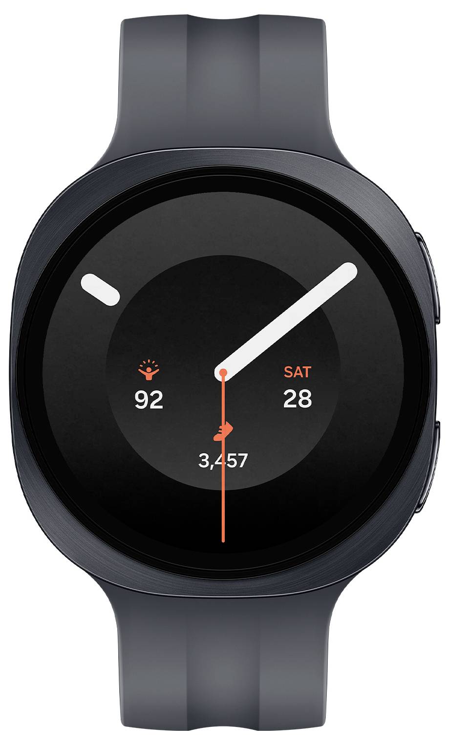 Smartwatch-Zifferblatt mit analoger Zeitanzeige, weißen Stunden- und Minutenzeigern, orangefarbenem Sekundenzeiger und Fitnessdaten: 92, SA 28 und 3.457 Schritte.
