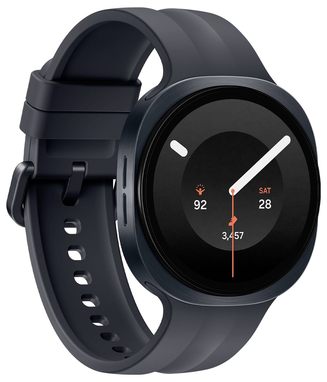 Schwarze runde Smartwatch mit Silikonarmband mit Fitness-Style-Analoganzeige, Schrittanzahl 3.457 und Datum SA 28.