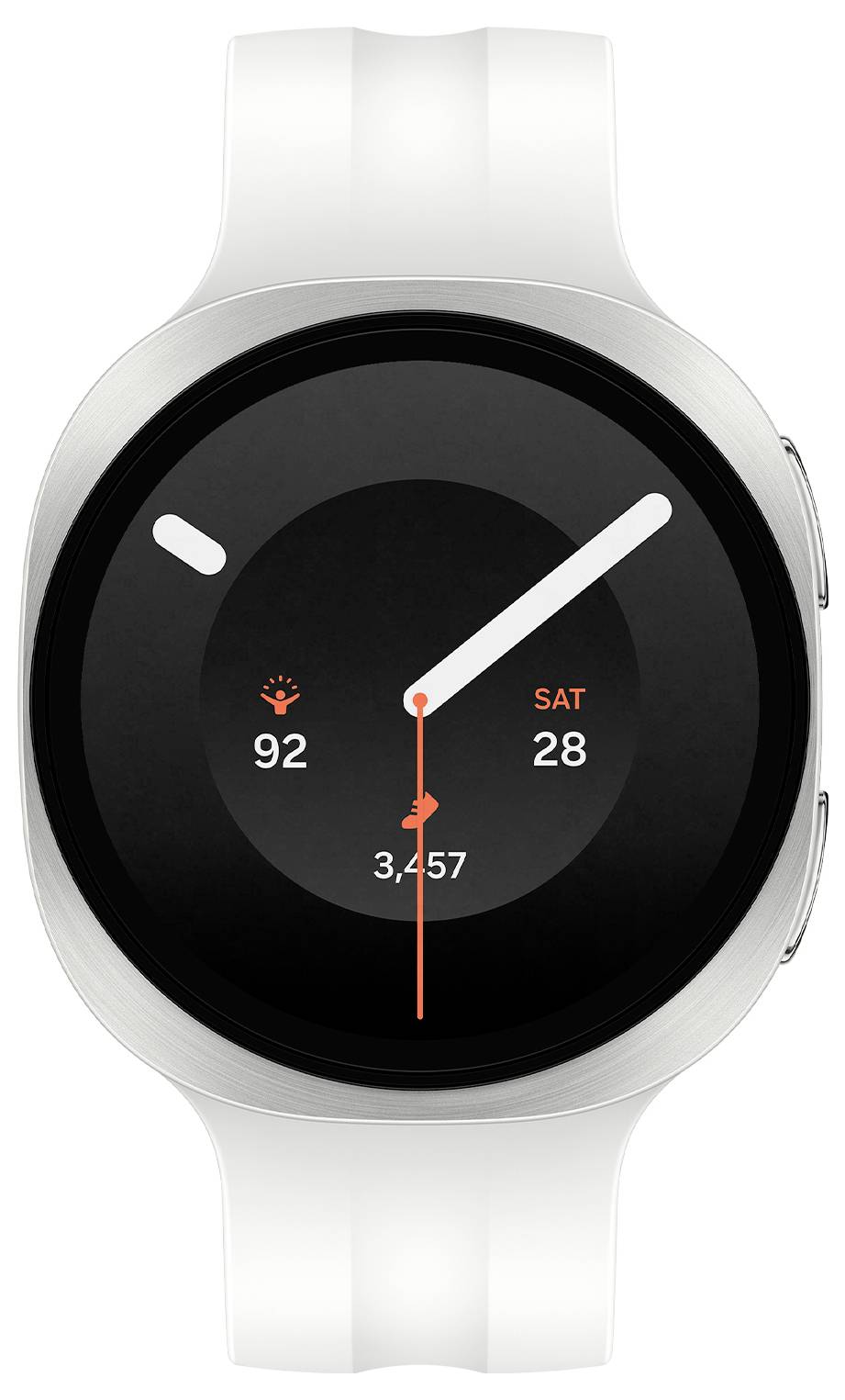 Weißes Smartwatch-Display mit analogen Zeigern, Schrittanzahl 3.457 und Tagesbezeichnungen „SAT