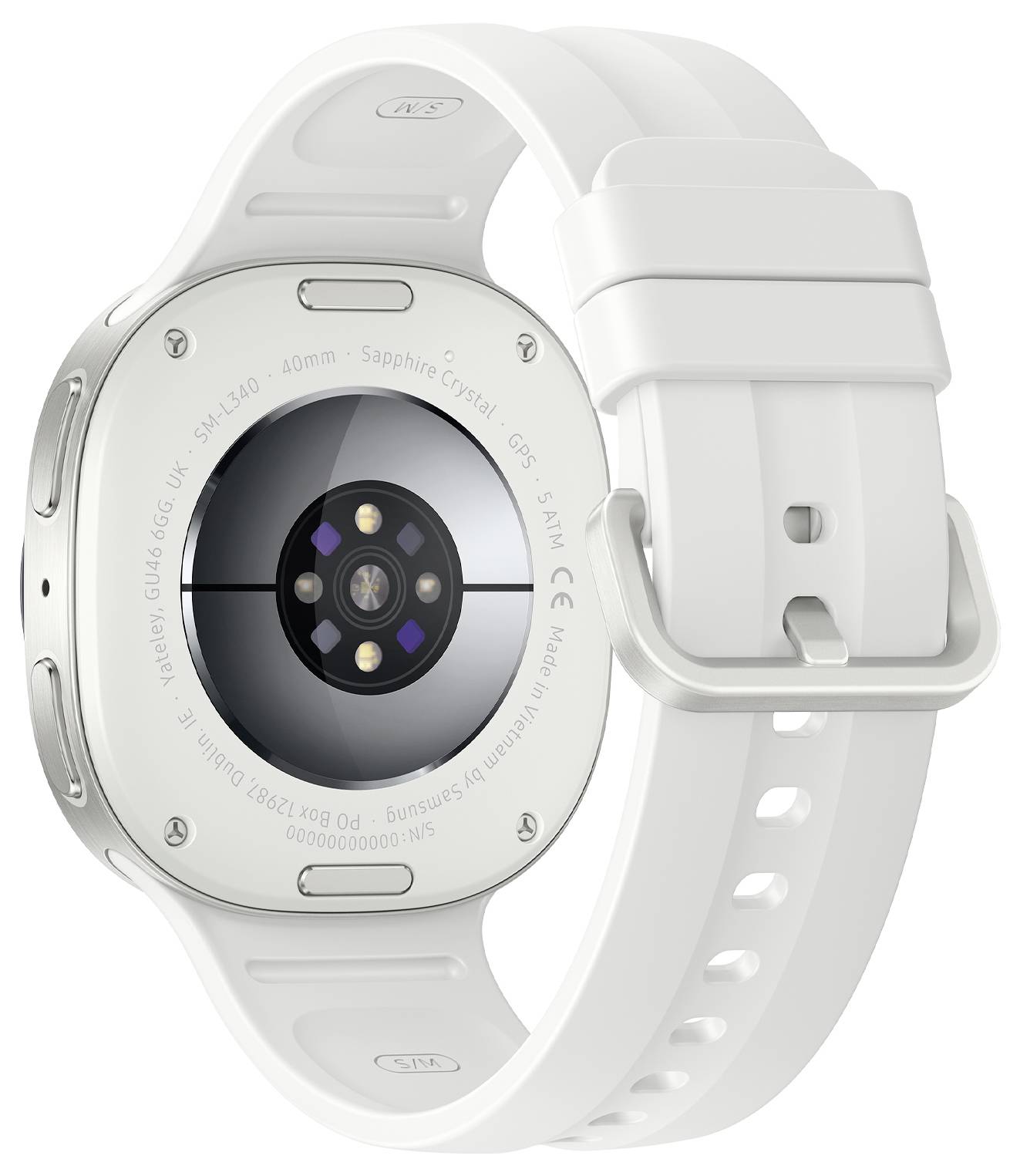 Rückseite einer weißen Smartwatch mit einem kreisförmigen Sensor und Ladekontakten auf einem weißen Armband.