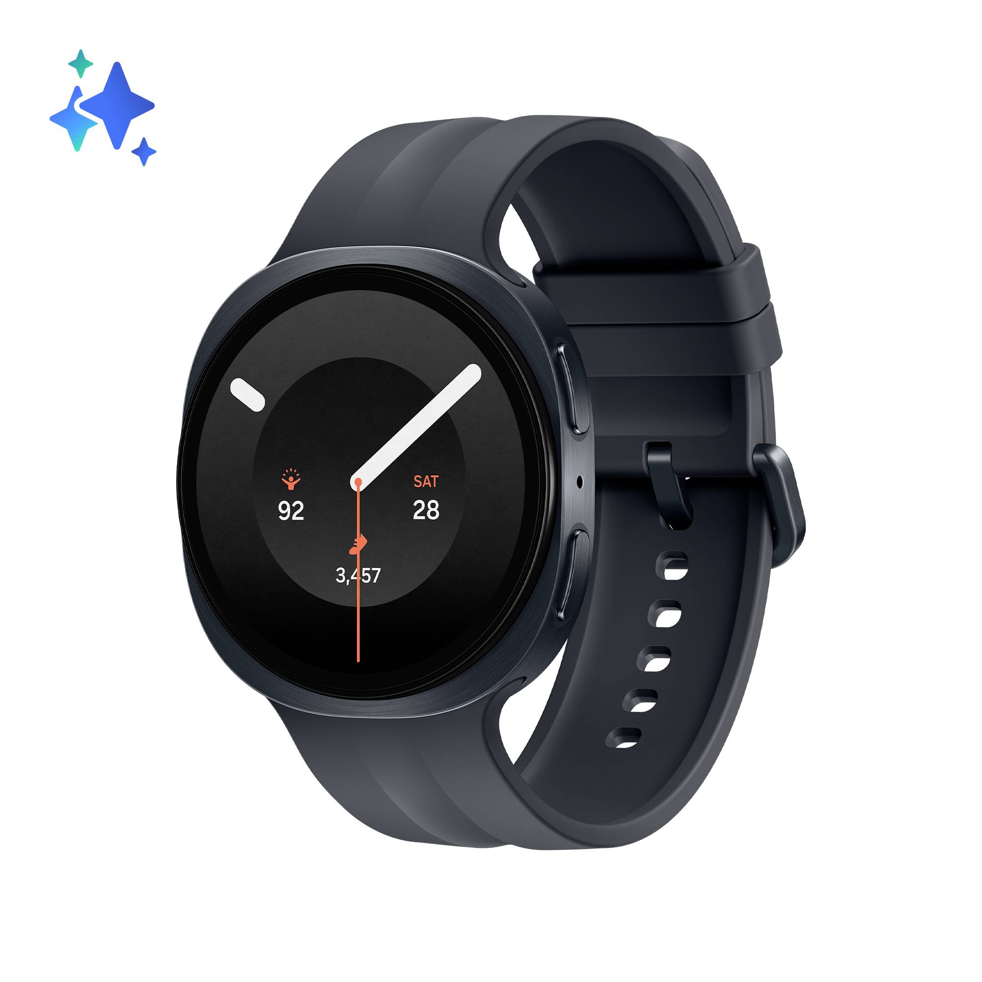 Schwarze runde Smartwatch mit dunklem Armband, zeigt Zifferblatt im Analogstil, Herzfrequenz 92, Datum SAT 28 und Schrittanzahl 3.457.