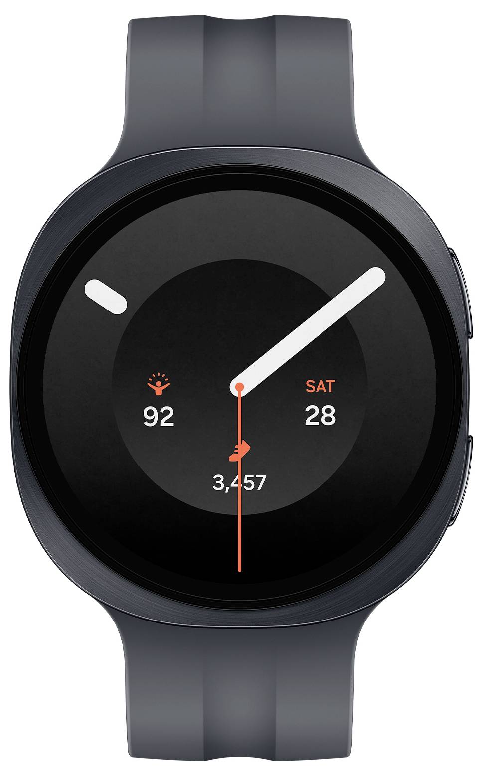Schwarze Smartwatch mit Fitness-Ziffernblatt, Zeit durch weiße Zeiger angezeigt, Datum „SAT 28