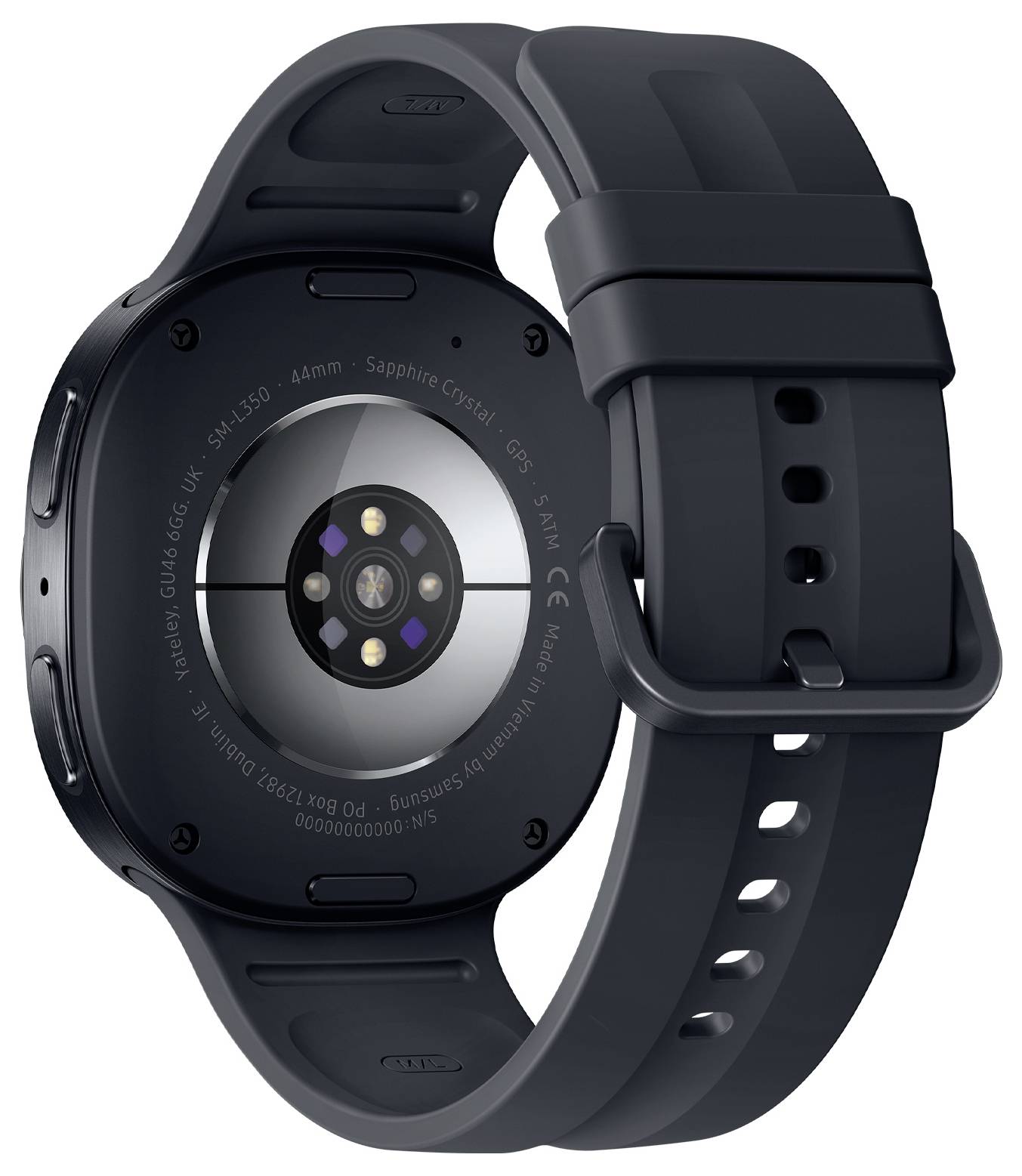 Schwarze Smartwatch von hinten dargestellt, mit einem runden Sensorfeld und verstellbarem Silikonarmband auf weißem Hintergrund.