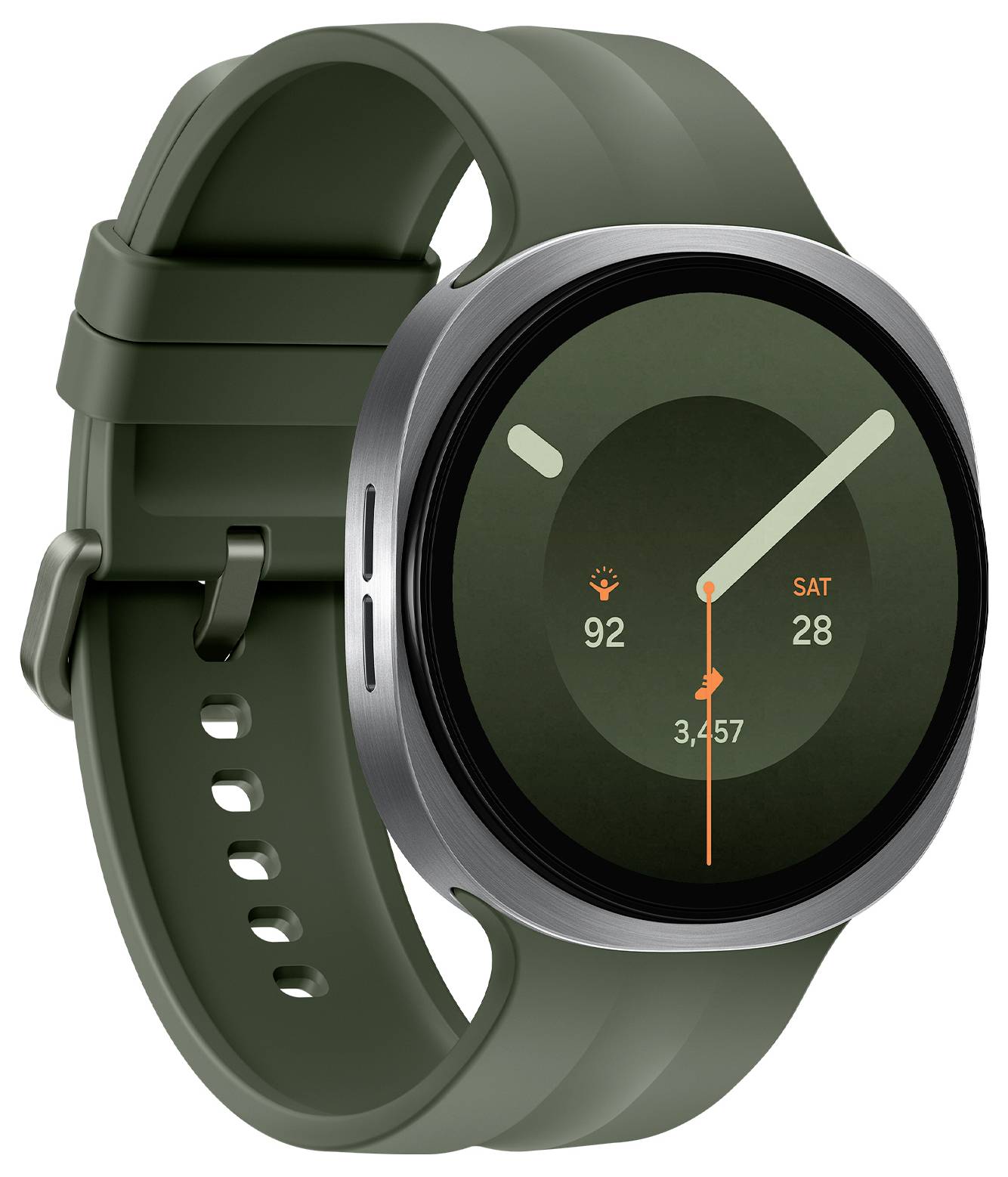 Grüne Smartwatch mit rundem silbernem Gehäuse, auf dem Bildschirm Zeit, 92 Schritte, SAT 28 und 3.457 angezeigt.