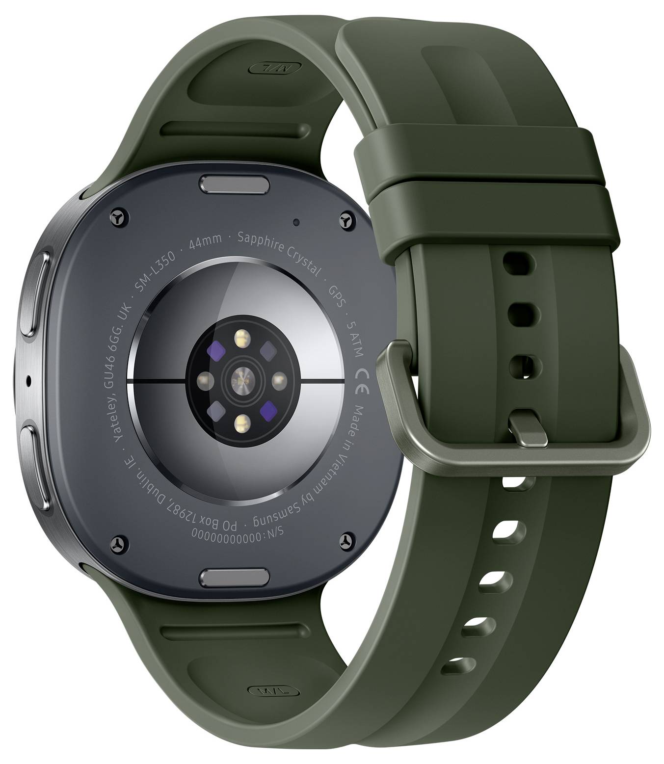 Rückansicht einer dunkelgrauen Smartwatch mit olivgrünem Sportarmband, zeigt Pulssensoren und Ladekontakte.