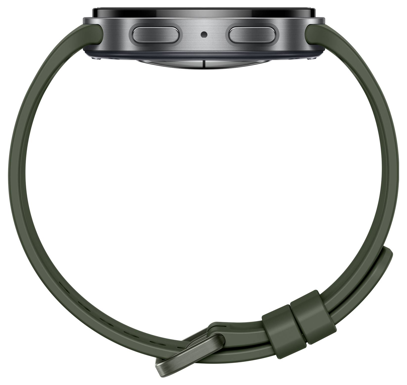 Seitenansicht einer dunkelgrünen Smartwatch mit rundem schwarzem Gehäuse und passendem Silikonarmband auf weißem Hintergrund.