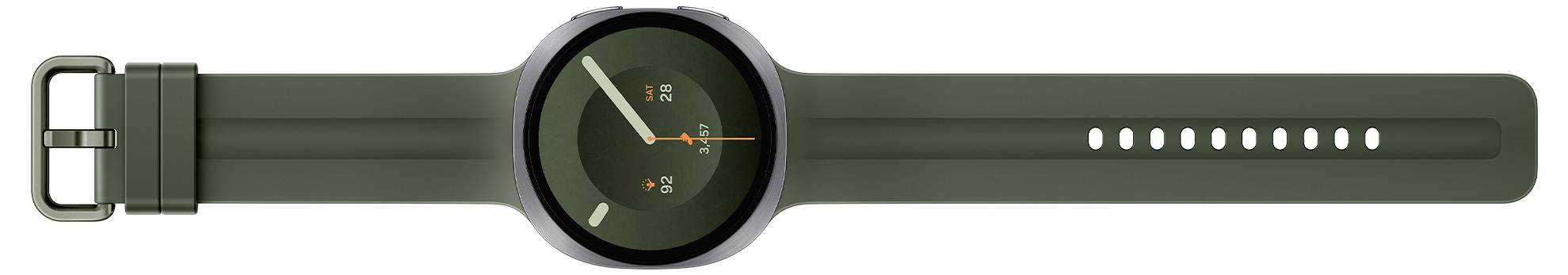 Ein dunkelgrünes Fitness-Band im Smartwatch-Stil mit rundem Analogzifferblatt, silberner Schnalle und verstellbarem Armband mit Löchern.