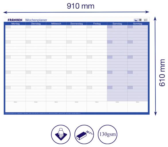 Wochenplanungsblatt mit sieben Spalten mit den Bezeichnungen Montag bis Sonntag und den Abmessungen 910 mm x 610 mm; Wochenendsspalten sind blau schattiert, mit Symbolen für 130 g/m² Papier.