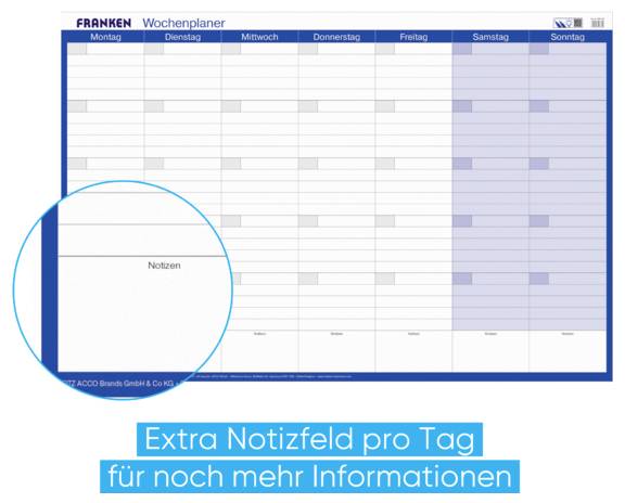 Wochenplaner mit Spalten für Montag bis Sonntag und ein großes hervorgehobenes Feld „Notizen