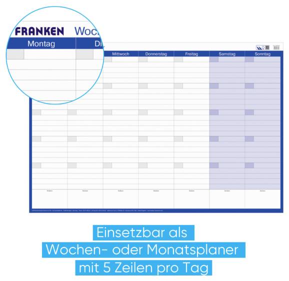 Wochen- oder Monatsplaner mit Spalten für Montag bis Sonntag und fünf Zeilen pro Tag; deutscher Text besagt „Einsetzbar als Wochen- oder Monatsplaner mit 5 Zeilen pro Tag