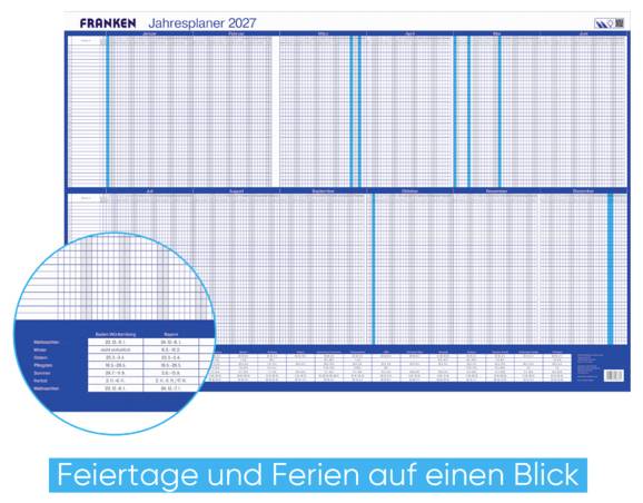 Deutscher Jahresplaner für 2027 mit Feiertagen und Schulferien auf einen Blick, mit einem ganzjährigen Kalenderraster und eingefügter Detailansicht.