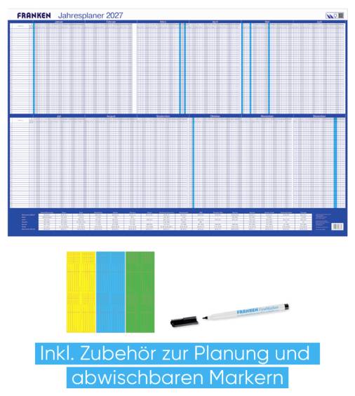 Werbeplakatnachricht für 'FRANKEN Jahresplaner 2027' zeigt ein großes Jahresplanungsboard, farbige Haftklebestücke und einen Marker; der Text lautet 'Inkl. Zubehör zur Planung und abwischbaren Markern'.