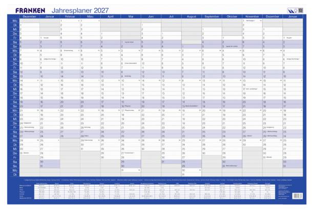 FRANKEN Jahresplaner 2027 - ein Jahresüberblick-Rastergitter mit Monaten von Januar bis Dezember und datierten Feldern für die Planung.
