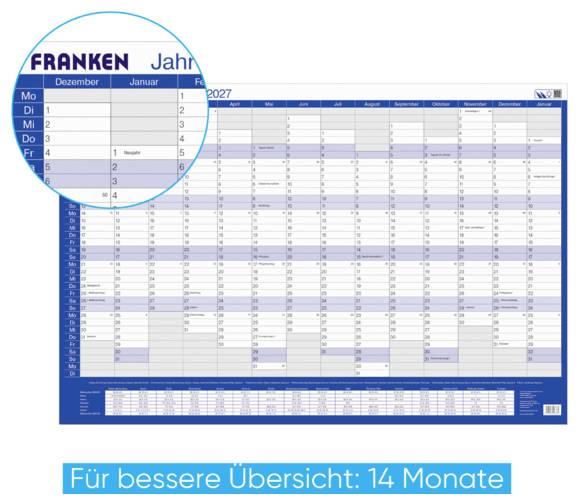 Jährlicher Wandplannerkalender für 2027 von FRANKEN, zeigt 14 Monate mit monatlichen Spalten und deutschem Wochentag-/Datumsgitter für bessere Übersicht.