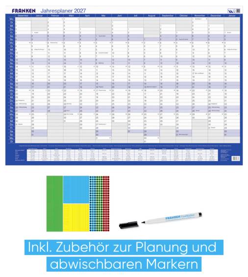 FRANKEN Jahresplaner 2027 mit großem Wandkalender-Gitter, plus Markierstift und Musterfarbpalette für Zubehör, Werbung für beschreibbare Planungswerkzeuge und Radierstift-Marker.