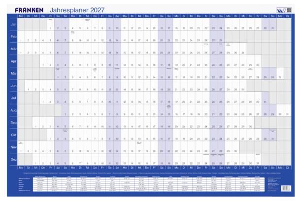 'FRANKEN Jahresplaner 2027' Wandkalender im Jahresformat mit Monatsübersicht von Januar bis Dezember und nummerierten Datumsangaben, mit blauen Kopf- und Fußzeilenbändern.