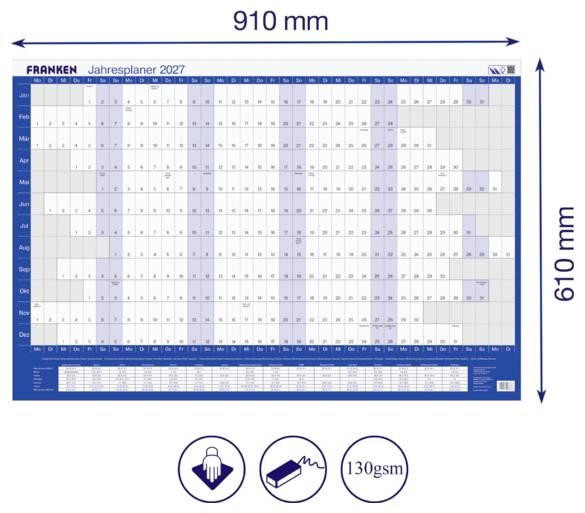 Produktbild eines FRANKEN 'Jahresplaners 2027' Wandplaners, der ein Jahreskalendergitter mit Abmessungen von 910 mm x 610 mm und 130 g/m² Papier zeigt.