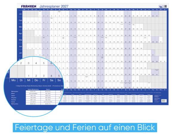 # FRANKEN Jahresplaner 2027## Feiertage und Ferien auf einen Blick[Monats- und Datumsübersicht mit Hervorhebungen für Feiertage und Ferienzeiten]