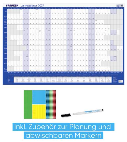 FRANKEN 'Jahresplaner 2027' Jahresplanungstafel mit monatlichen Reihen und großem Marker darunter; Text besagt „Inkl. Zubehör zum Planen und löschbaren Markern