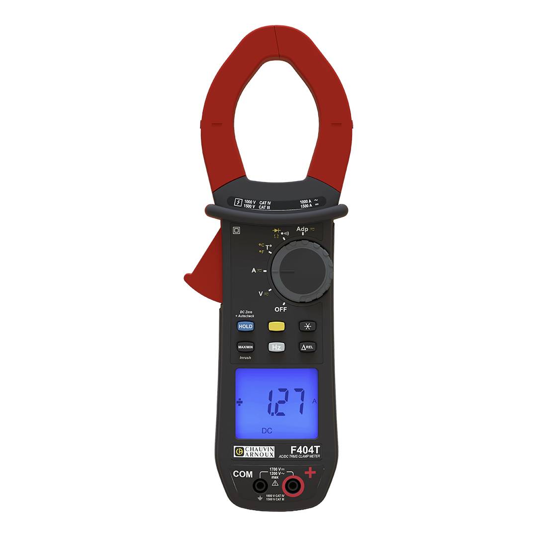 Stromzangenmessgerät mit roter Zangenbacke und blauem digitalen Display, das 1,27 DC anzeigt und ein tragbares elektrisches Prüfwerkzeug darstellt.
