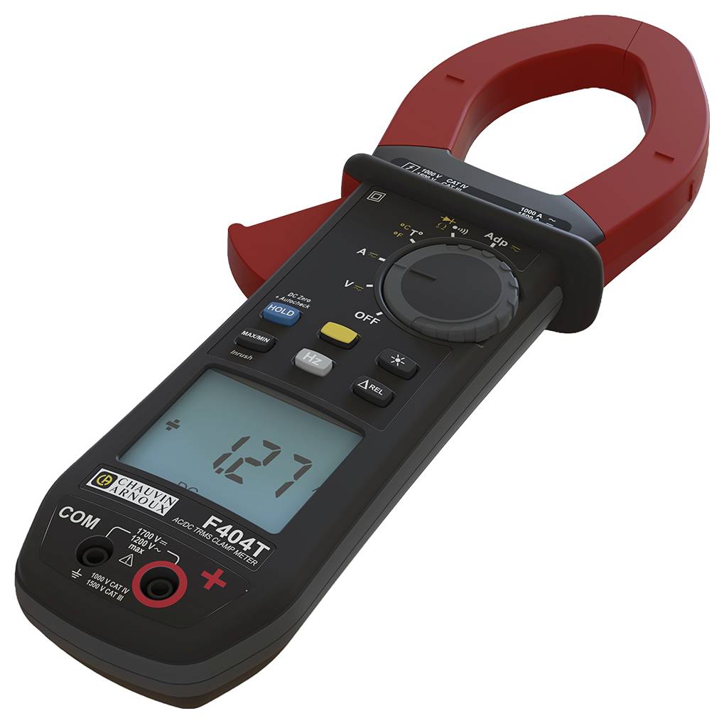 Digitale Stromzange mit roten Backen und digitalem Display mit Anzeige von 127, ausgestattet mit einem Drehschalter und Testknöpfen für elektrische Messungen.