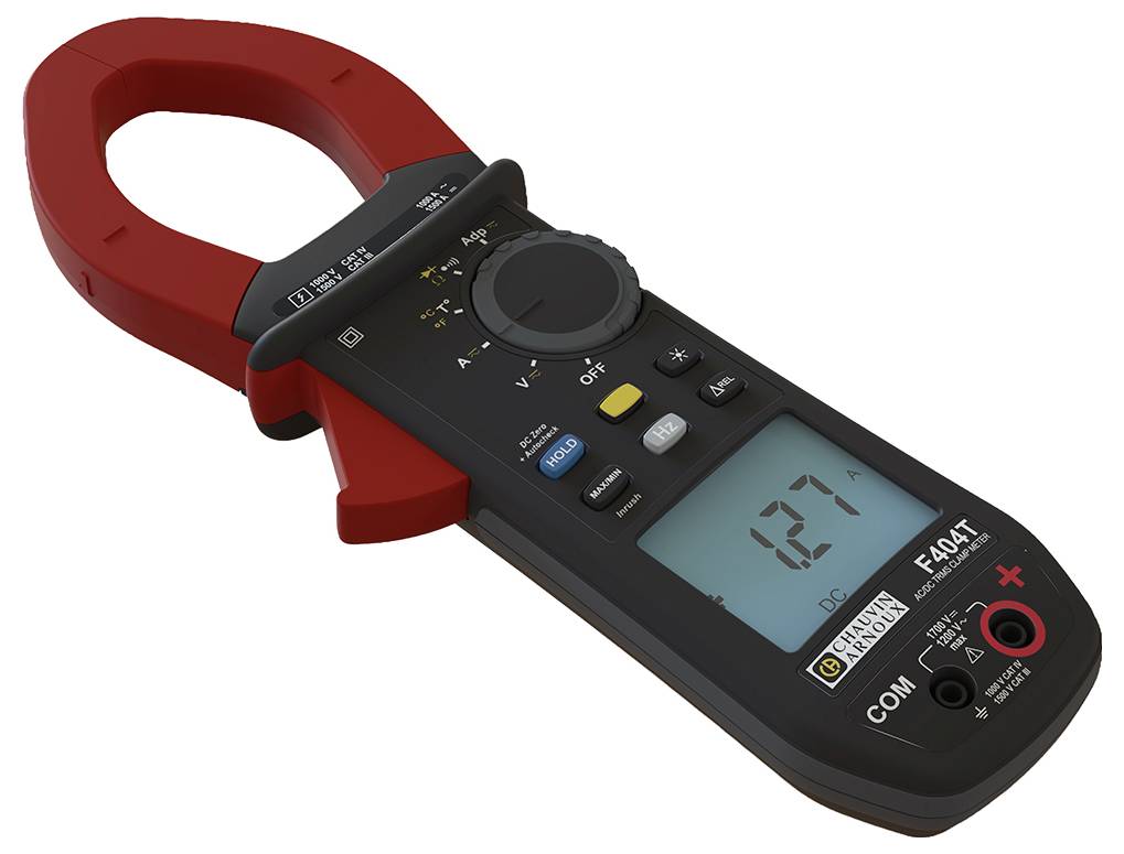 Digitales Multimeter im Zangenstil mit roter Stromzange, Drehschalter und LCD-Anzeige mit Wert 12,7.