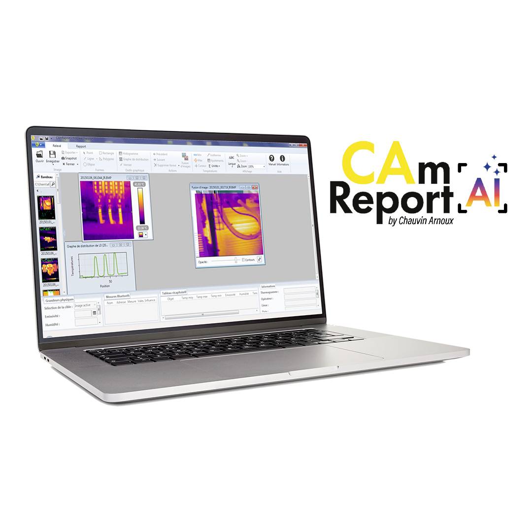 Laptop mit CAM Report AI-Software anzeigend Wärmebild und Diagramm; Logo „CAM Report AI