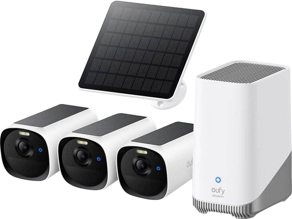Kabelloses Sicherheitskamera-System mit drei Außenkameras und einem Solarpanel sowie einer weißen Basis-Station-Hub.