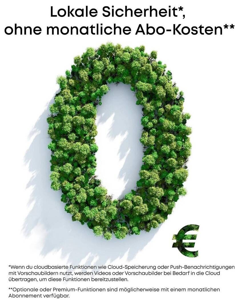 Grüner Baumring in Form einer Null mit Euro-Symbol, das „Lokale Sicherheit, ohne monatliche Abo-Kosten