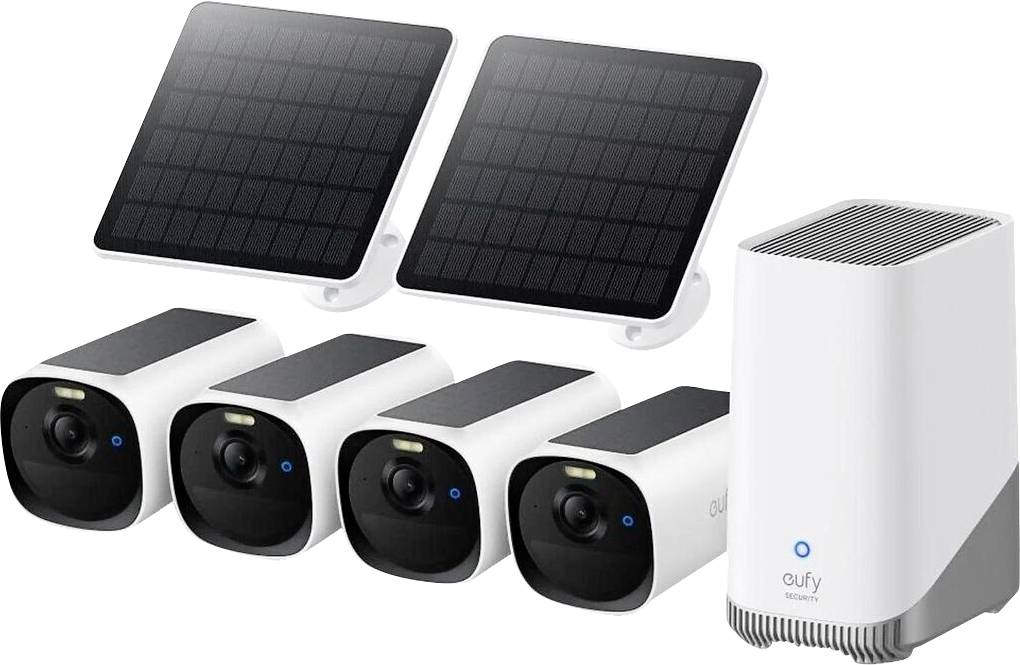 Drahtloses Sicherheitskamerasystem mit zwei Solarpanelen, vier Außenkameras und einer Basisstation auf weißem Hintergrund.