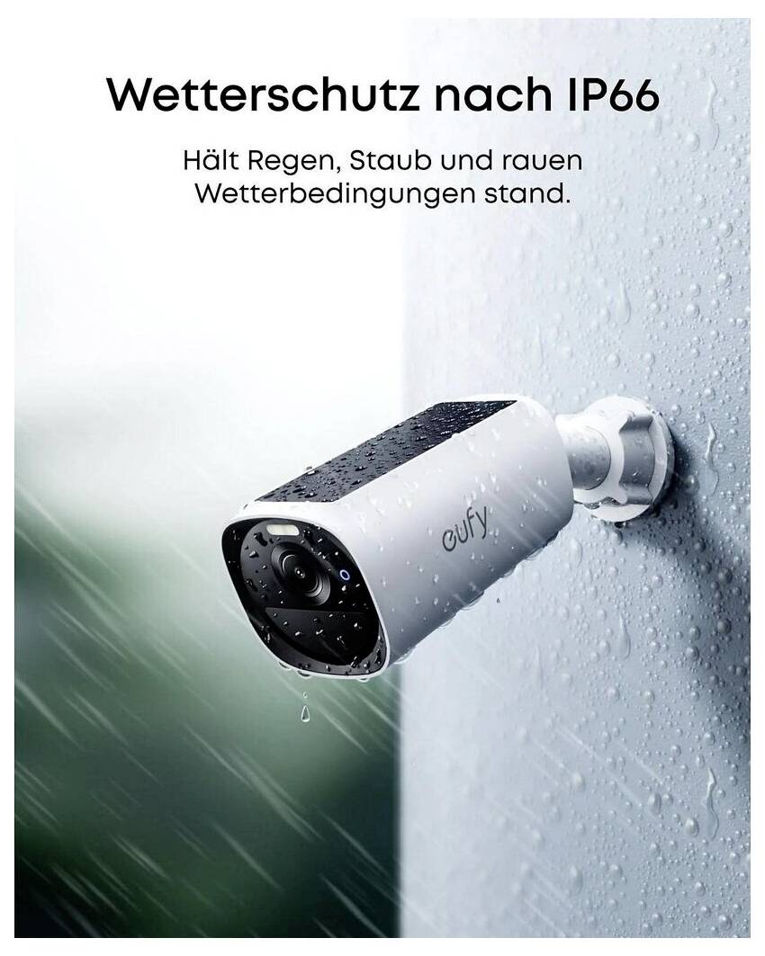 Wetterfeste IP66-Überwachungskamera im Freien montiert mit Regentropfen; der Text besagt, dass sie Regen, Staub und raue Wetterbedingungen verträgt.