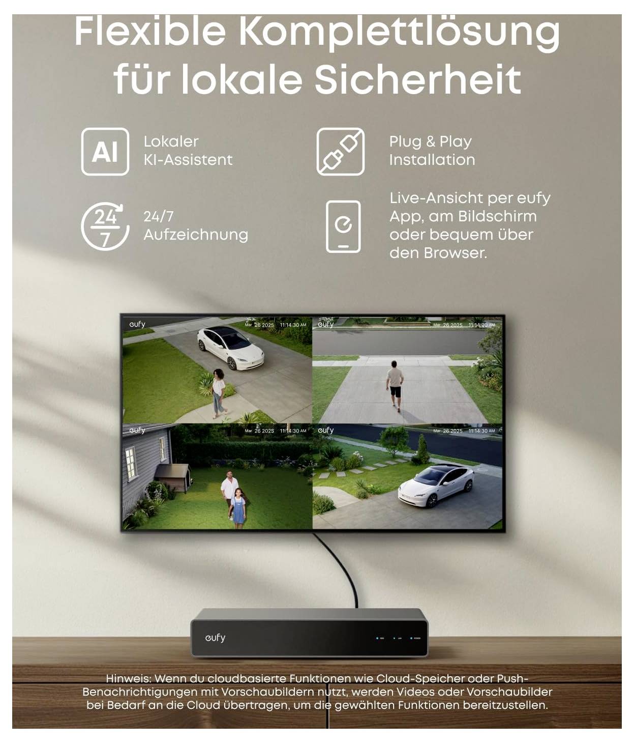 Flexible Komplettlösung für lokale SicherheitEin Fernsehbildschirm zeigt vier Live-Kamerafeeds. Darunter befindet sich eine lokale KI-Box.