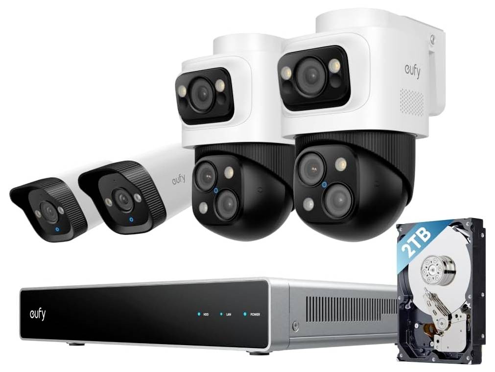 Eufy-Sicherheitskamerasystem mit zwei weiß-schwarzen Kameras, zwei schwarzen Kameras, einem DVR-/NVR-Rekorder und einer 2-TB-Festplatte.