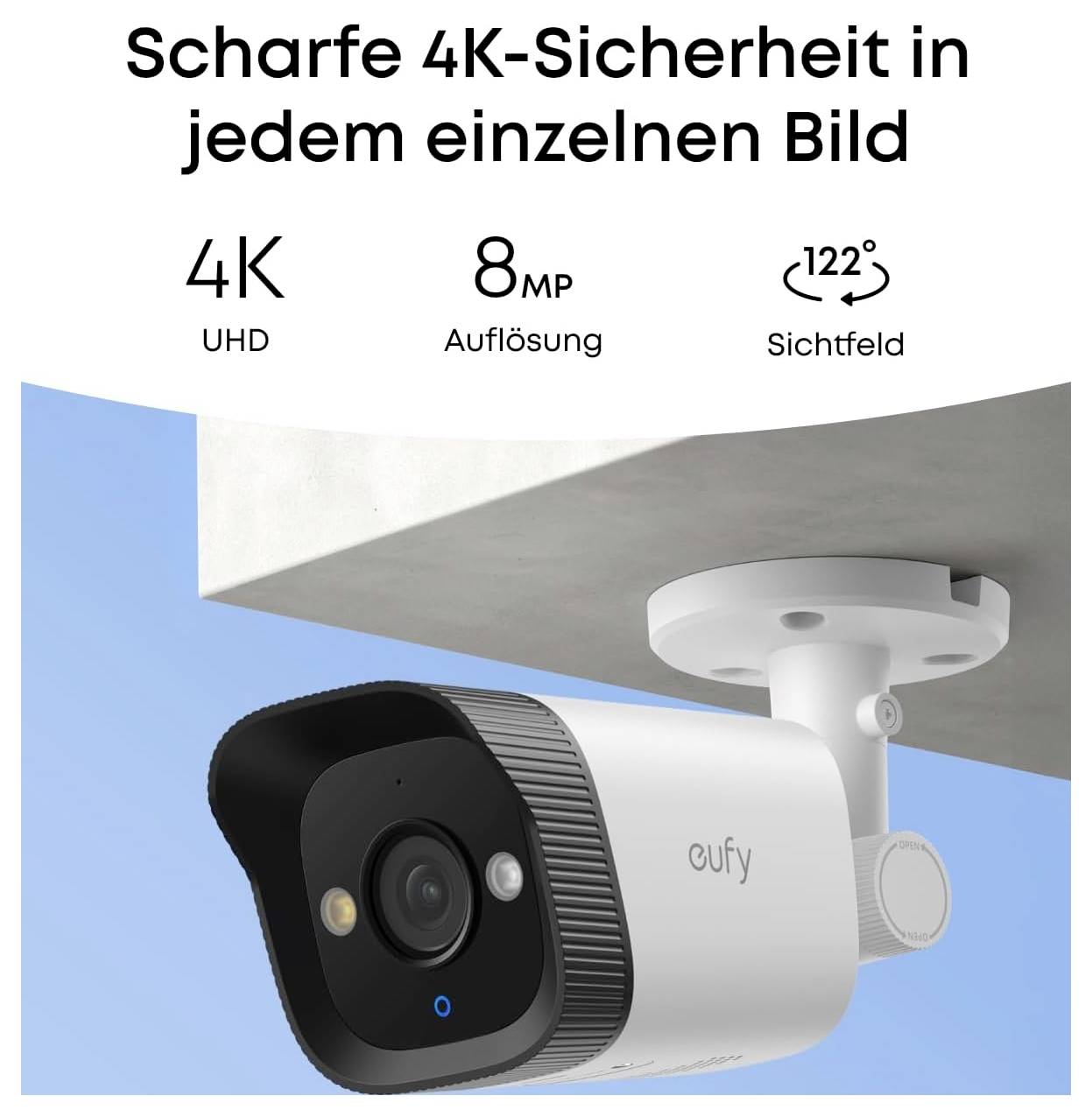 Eufy Sicherheitskamera-Anzeige mit 4K UHD, 8 MP Auflösung und 122° Sichtfeld unter der Überschrift „Scharfe 4K-Sicherheit in jedem einzelnen Bild